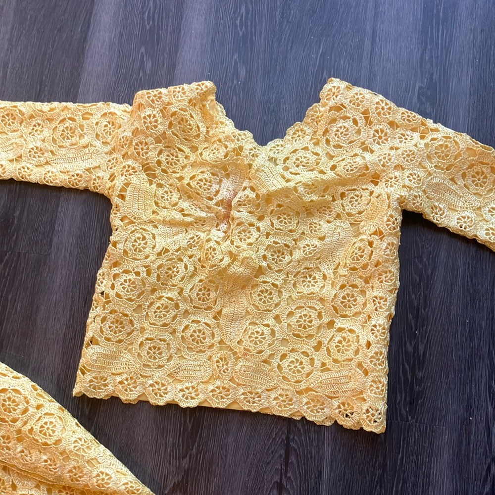 Vintage 60s Bright Yellow Shimmery Lace Two Piece Bell Bottom Pant Set As Is - Picture 5 of 9